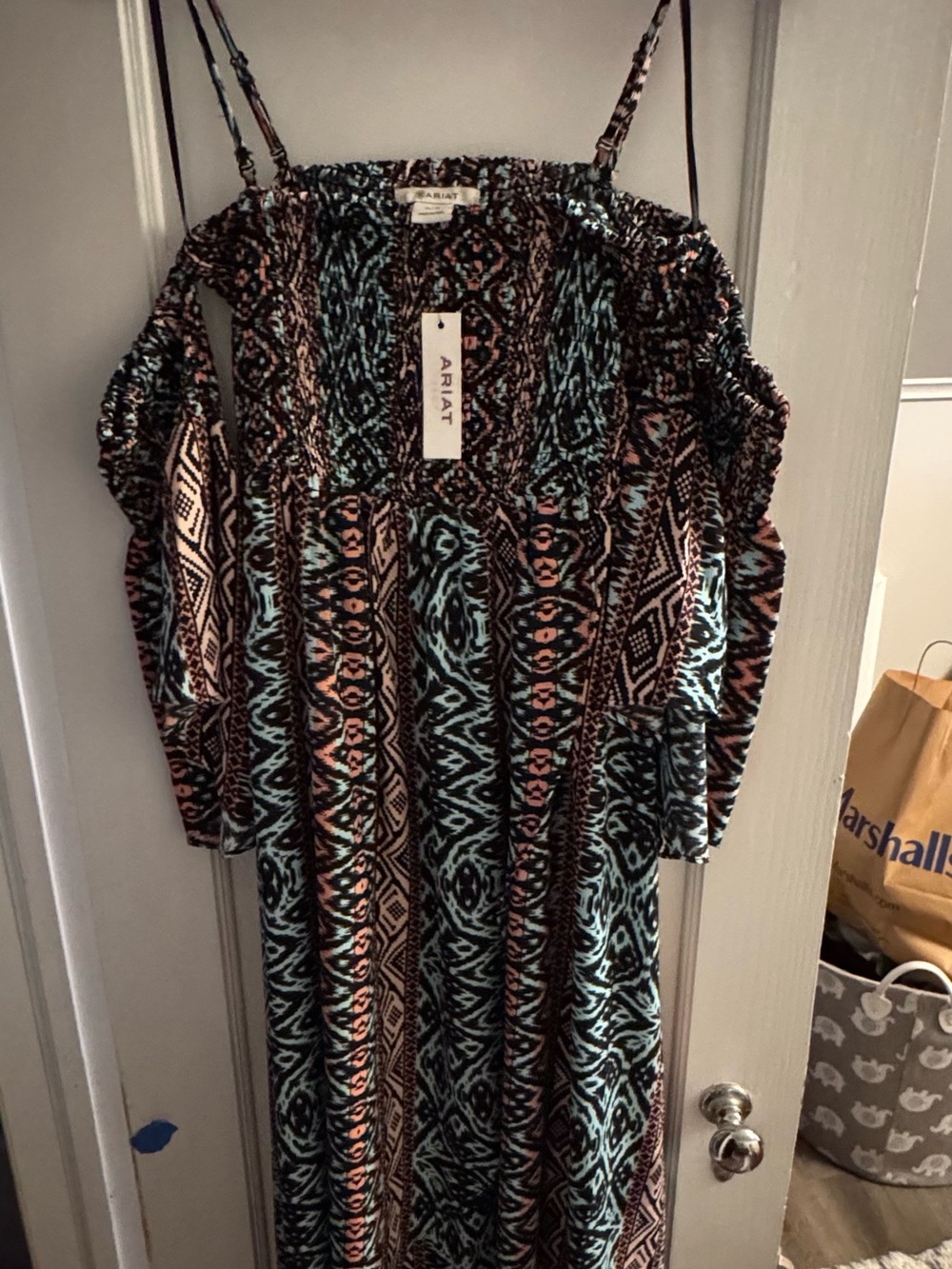 NWT Ariat Printed Off-Shoulder high/low  Dress in black, Teal & Coral